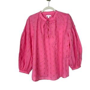 Charter Club Pink Embroidered Peasant Top Metallic Dot Long Puff Balloon Sleeve
